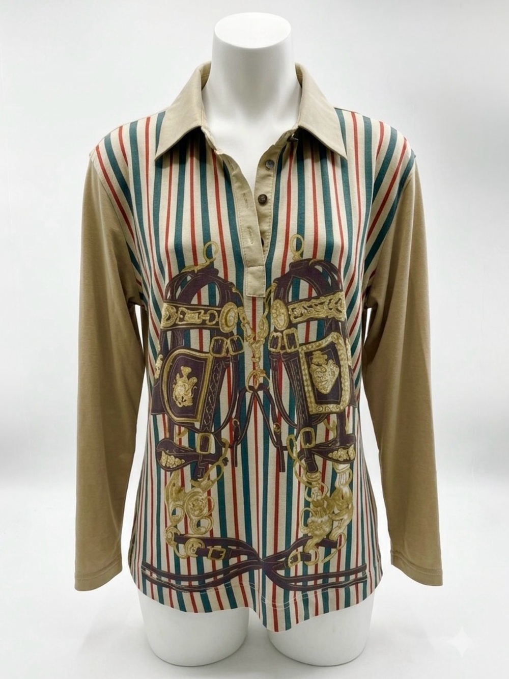 Vintage Equestrian Long Sleeve Polo Top Cream Brown Red Green Stripes - Size M